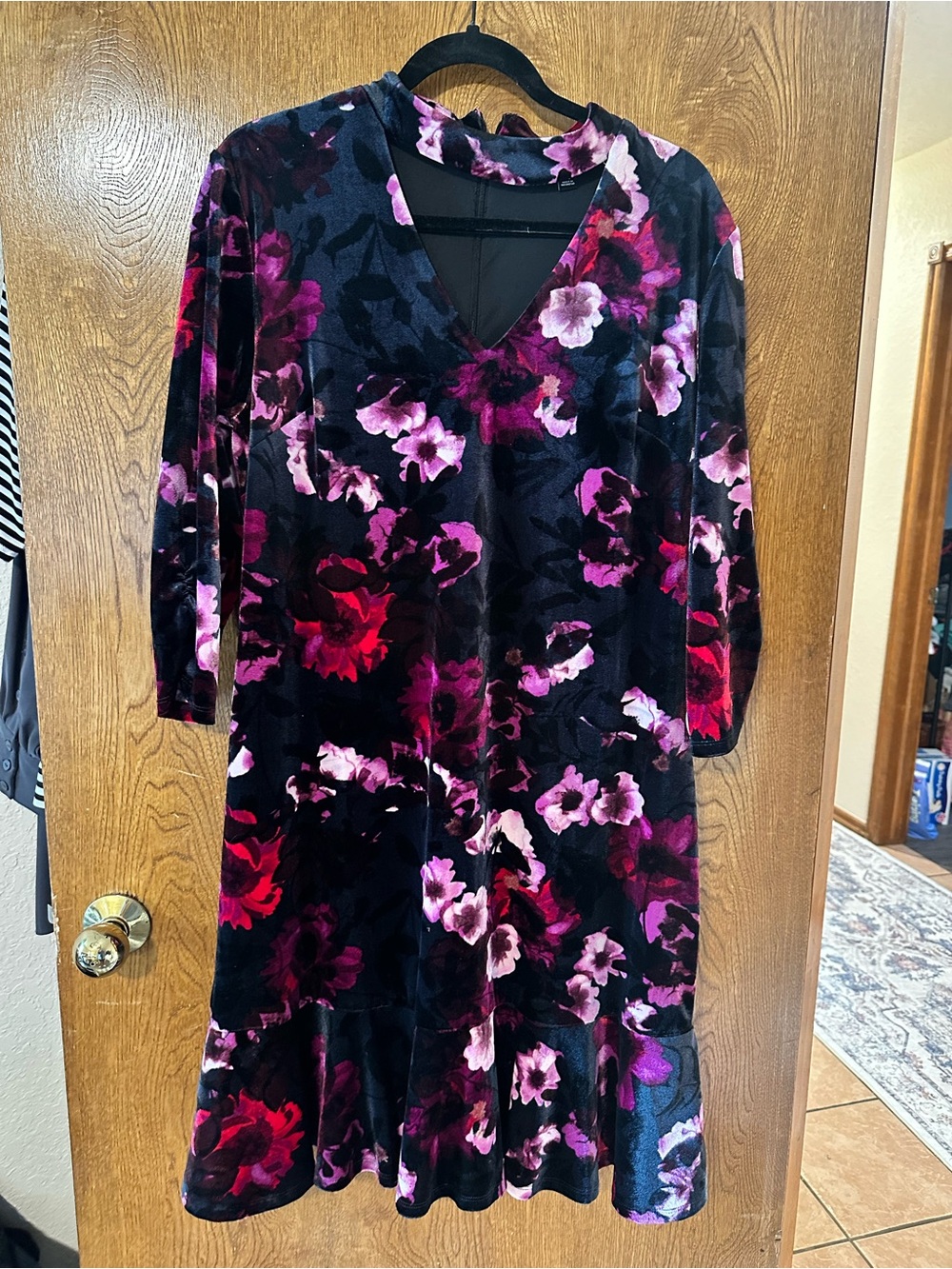 Roz & Ali Black Velvet Midi Dress with Pink and Red Floral Print